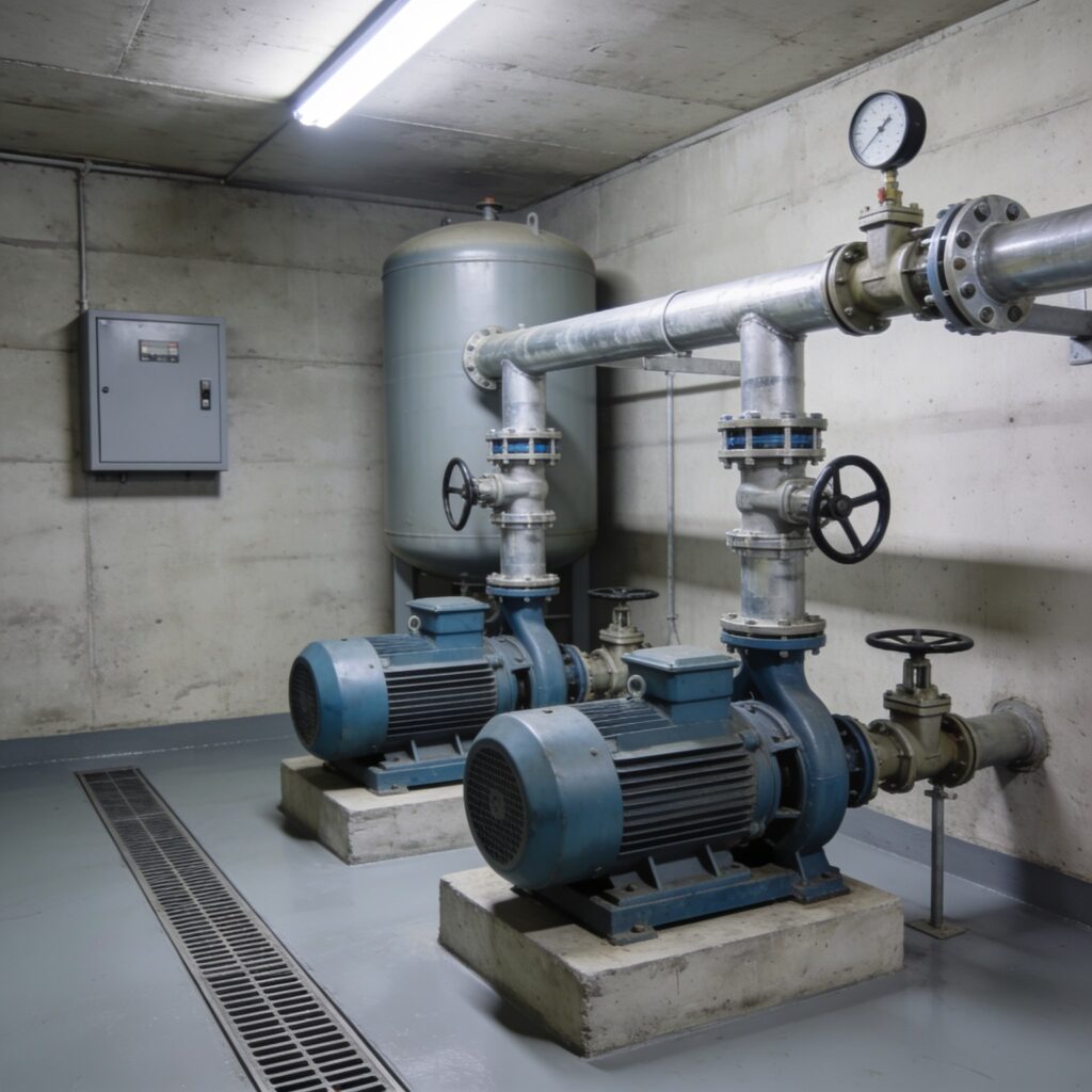 Ilustracao de casa de bombas de pressurizacao predial: bombas em bercos, barrilete flangeado e tanque hidropneumatico