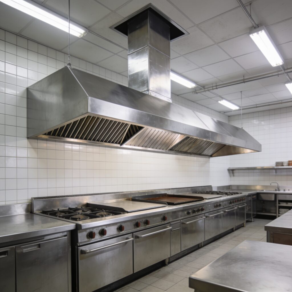 Ilustracao de coifa de cozinha industrial em aco inox com filtros tipo labirinto e duto de exaustao subindo pelo forro