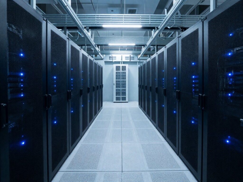 Corredor frio de data center com racks de servidores e climatização de precisão