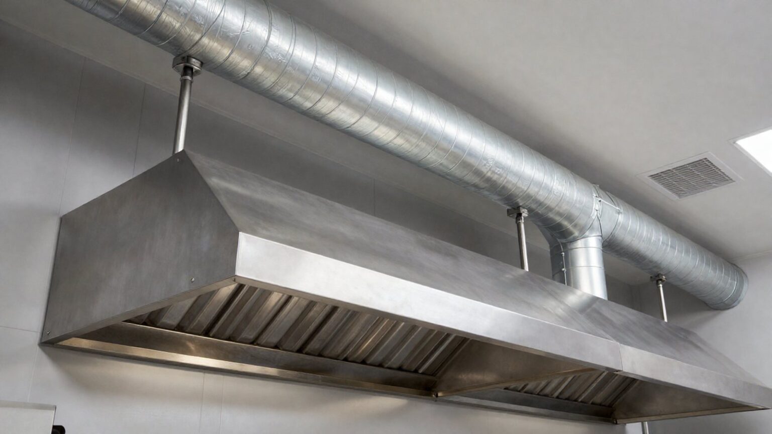 Coifa de cozinha industrial em aço inox com dutos galvanizados correndo pelo teto