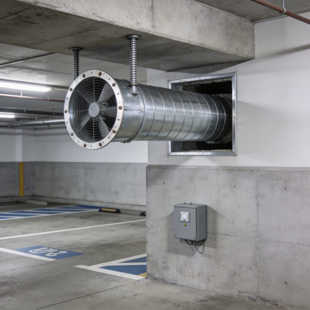 Ilustracao de ventilador axial em duto de exaustao sob laje de garagem, com caixa de comando na parede