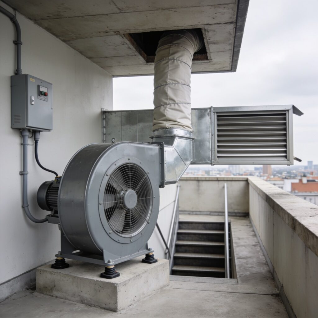 Ilustracao de ventilador centrifugo de pressurizacao de escada em cobertura, sobre amortecedores, com duto e veneziana